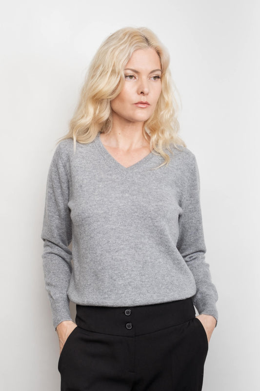 Signature Metro Cashmere Rib V-Neck Sweater - Grey
