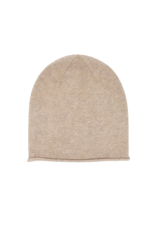 Cashmere Unisex Roll-Edge Beanie - Beige