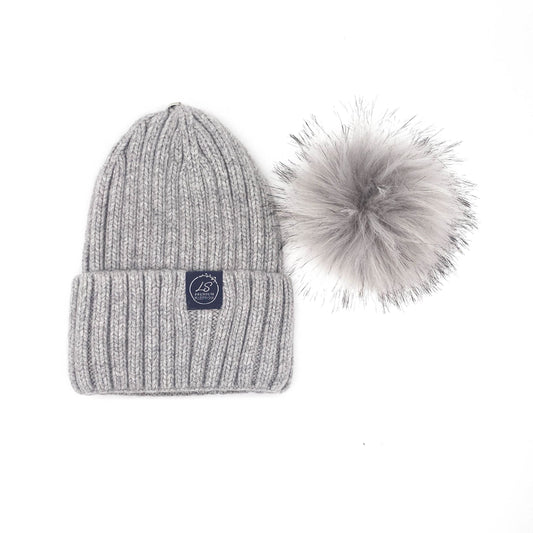 Mulberry Silk-Lined Classic Ribbed Beanie Hat – Cashmere Blend with Removable Pom Pom - Grey