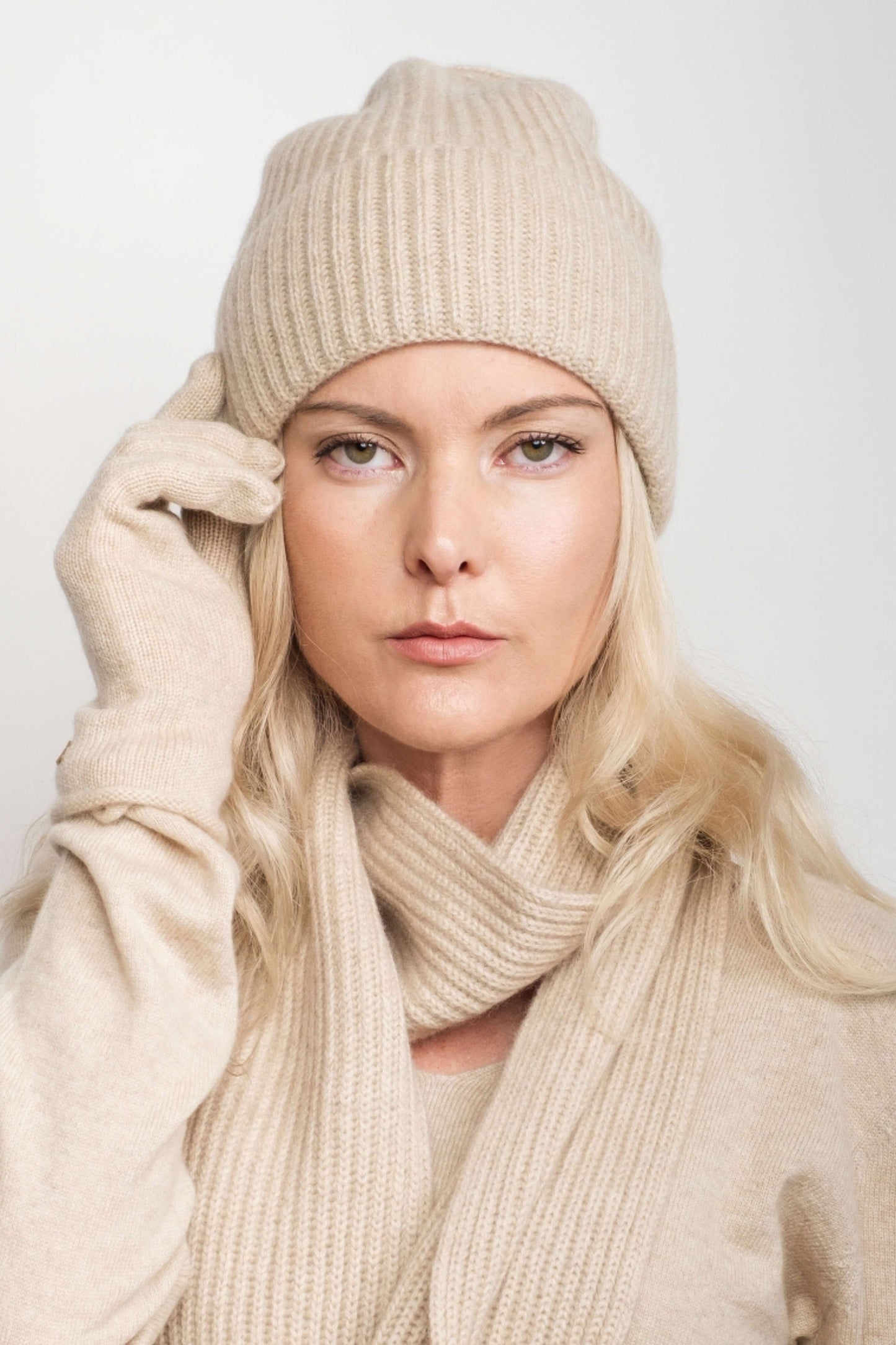 Cashmere Unisex Striped Beanie - Beige