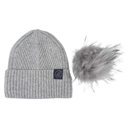 Mulberry Silk-Lined Slim Ribbed Beanie – Cashmere Blend with Removable Pom Pom -Grey
