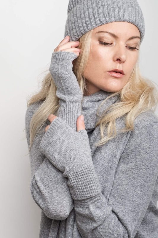 Cashmere Fingerless Gloves Mittens - Grey