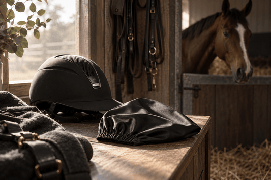 Silk bonnet worn under a riding helmet