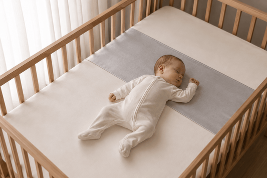 A cot dressed with a smooth ivory mulberry silk cot sleeve fitted flat across the mattress in a calm, softly lit nursery
