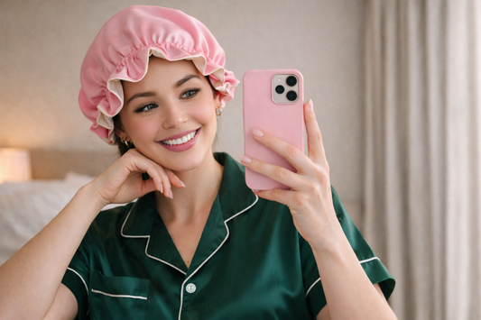 A mulberry silk bonnet resting on a bed as part of an evening hair routine, in soft lamplight