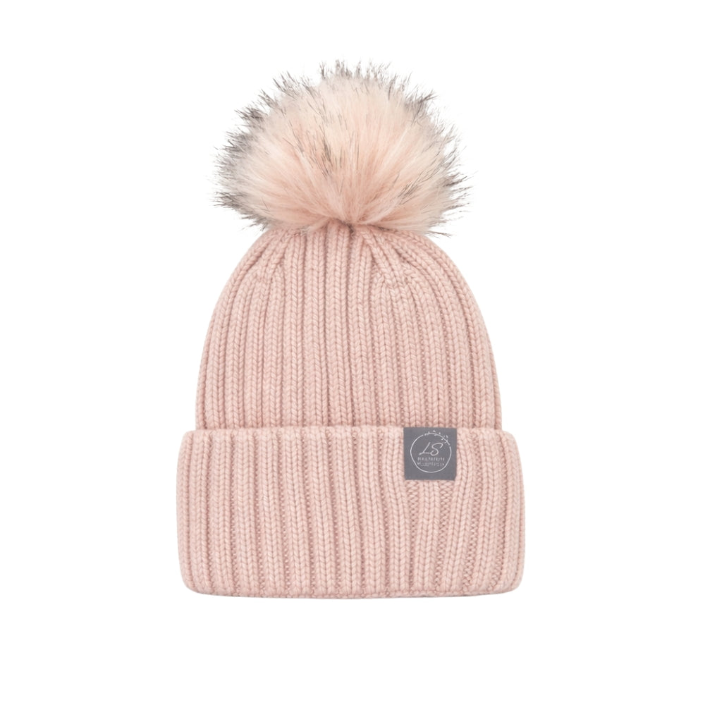 Mulberry Silk-Lined Classic Ribbed Pattern Cashmere Beanie Hat With Removable Pom Pom - Pink