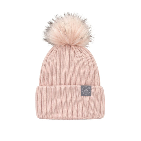 Mulberry Silk-Lined Classic Ribbed Pattern Cashmere Beanie Hat With Removable Pom Pom - Pink
