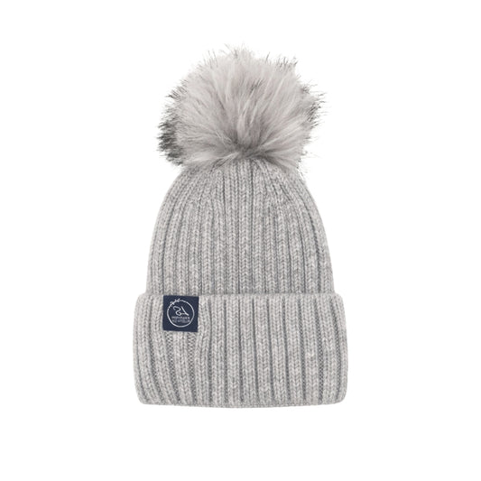 Mulberry Silk-Lined Classic Ribbed Beanie Hat – Cashmere Blend with Removable Pom Pom - Grey