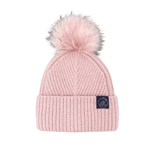 Mulberry Silk-Lined Slim Ribbed Beanie – Cashmere Blend with Removable Pom Pom -Pink