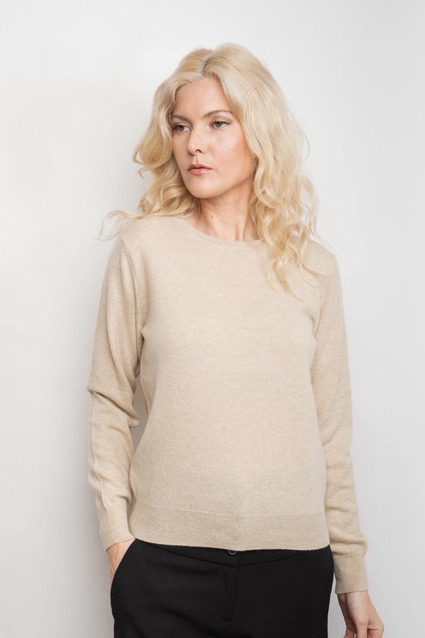Classic Ribbed Cashmere Crewneck Sweater - Beige