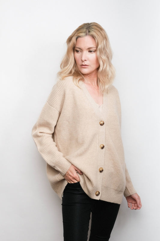 Luxe Relaxed Fit Cashmere Cardigan - Beige