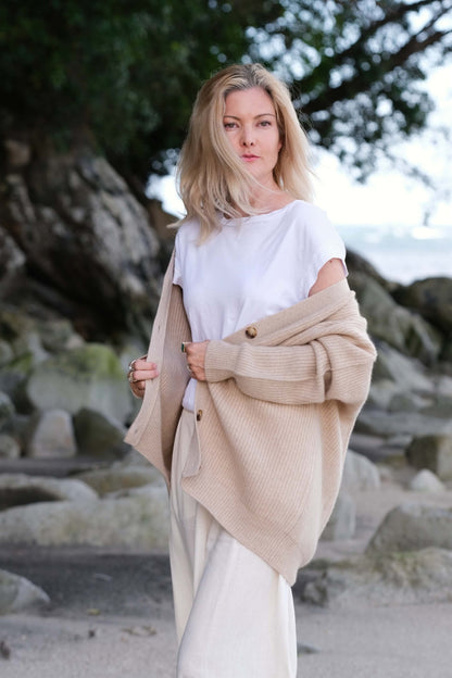 Luxe Relaxed Fit Cashmere Cardigan - Beige