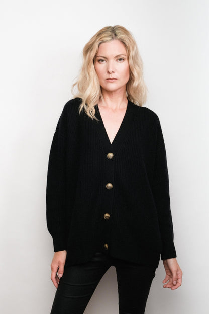 Luxe Relaxed Fit Cashmere Cardigan - Black