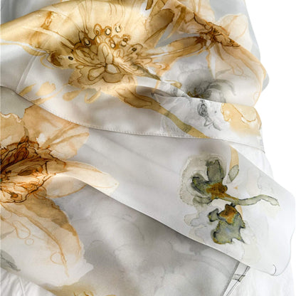 Golden Bloom long mulberry silk scarf, view 3 – LS Silk