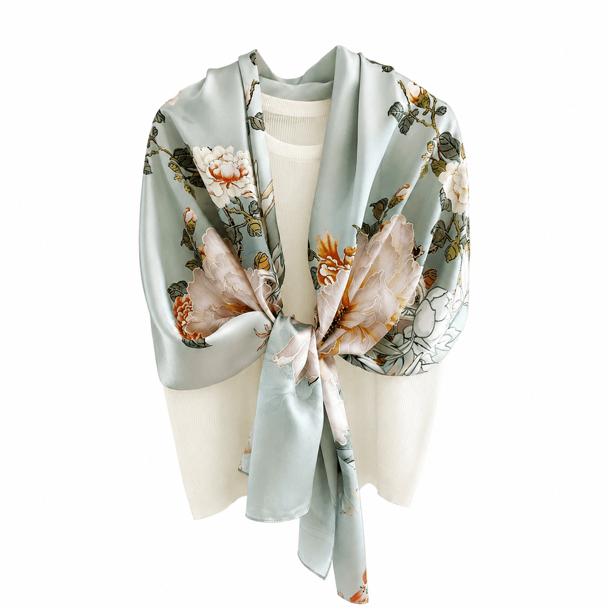 Celadon Peony long mulberry silk scarf, view 2 – LS Silk