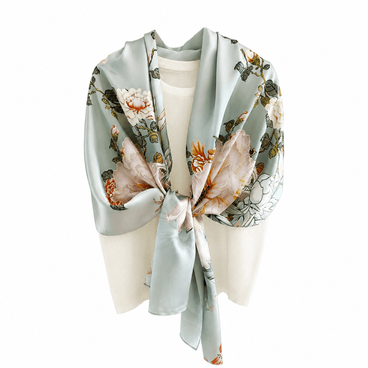 Celadon Peony long mulberry silk scarf, view 2 – LS Silk