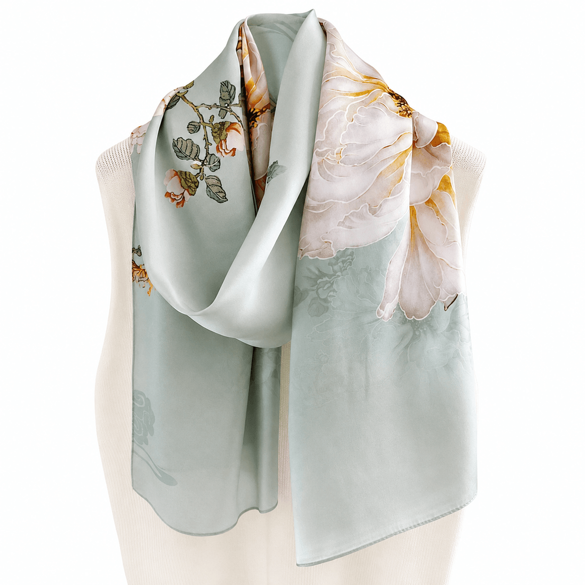 Celadon Peony long mulberry silk scarf, view 3 – LS Silk