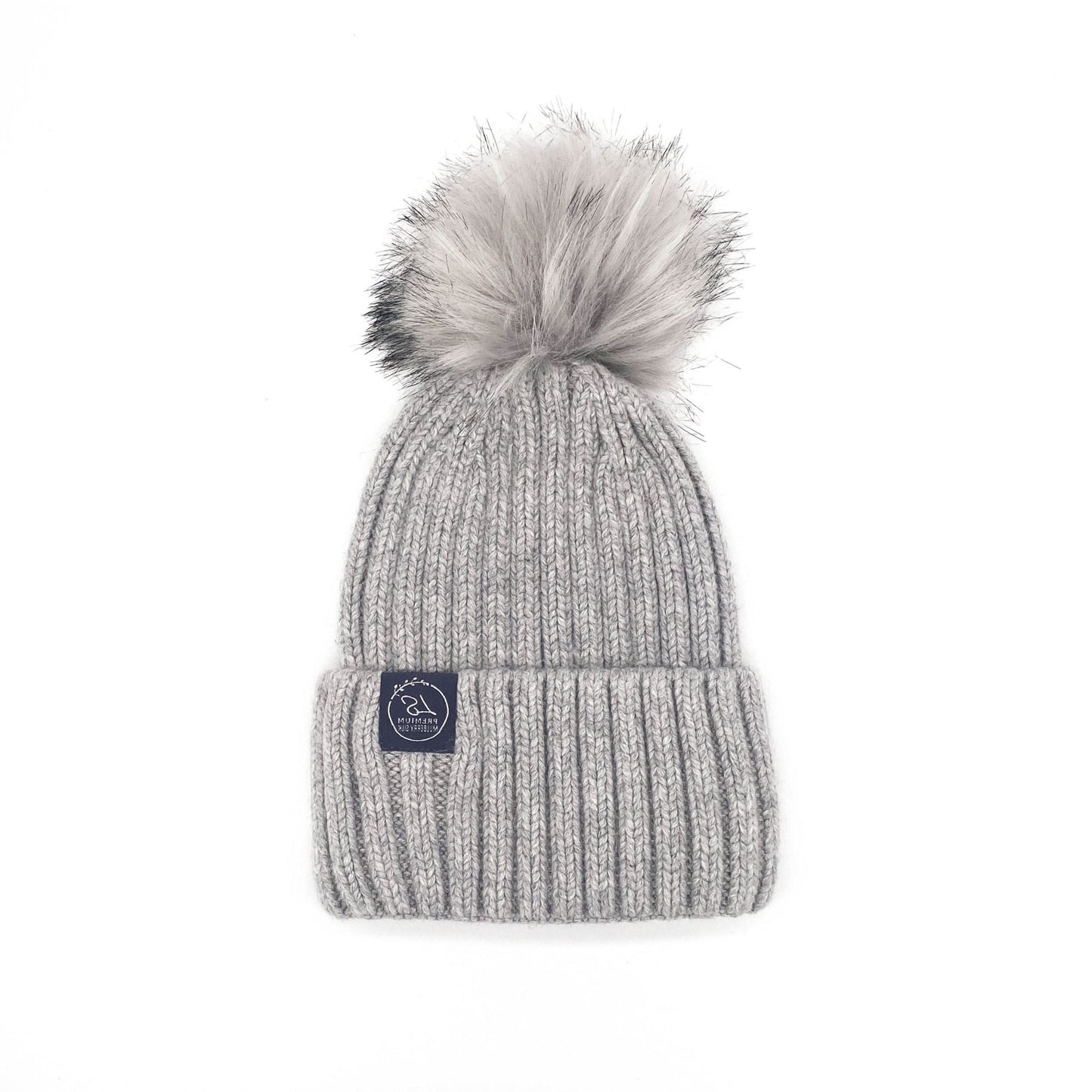 Mulberry Silk-Lined Classic Ribbed Beanie Hat – Cashmere Blend with Removable Pom Pom - Grey