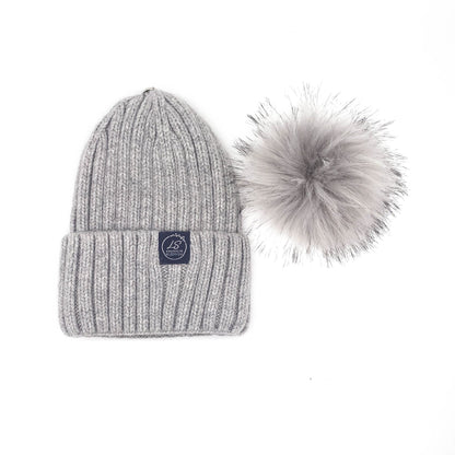 Mulberry Silk-Lined Classic Ribbed Beanie Hat – Cashmere Blend with Removable Pom Pom - Grey