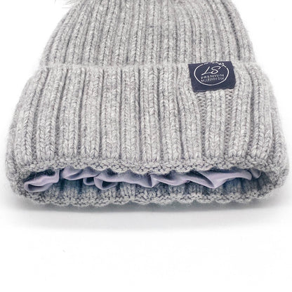 Mulberry Silk-Lined Classic Ribbed Pattern Cashmere Beanie Hat With Removable Pom Pom - Pink
