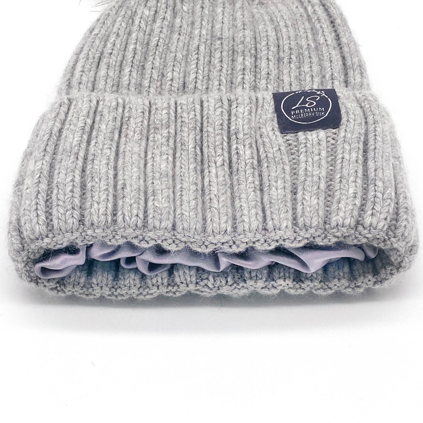 Mulberry Silk-Lined Classic Ribbed Beanie Hat – Cashmere Blend with Removable Pom Pom - Grey