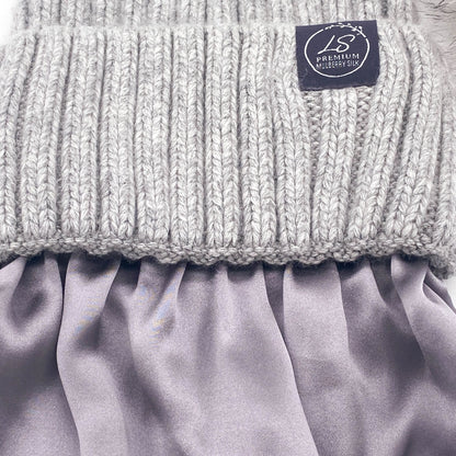 Mulberry Silk-Lined Classic Ribbed Beanie Hat – Cashmere Blend with Removable Pom Pom - Grey