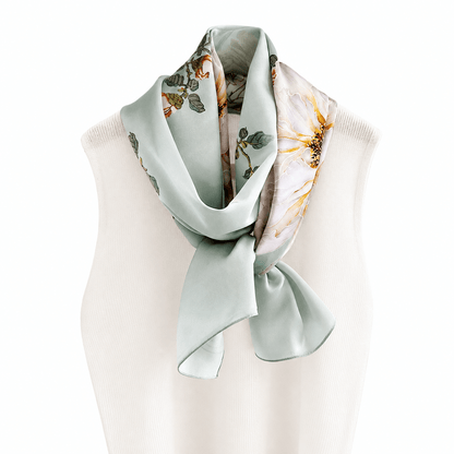 Celadon Peony long mulberry silk scarf, view 5 – LS Silk