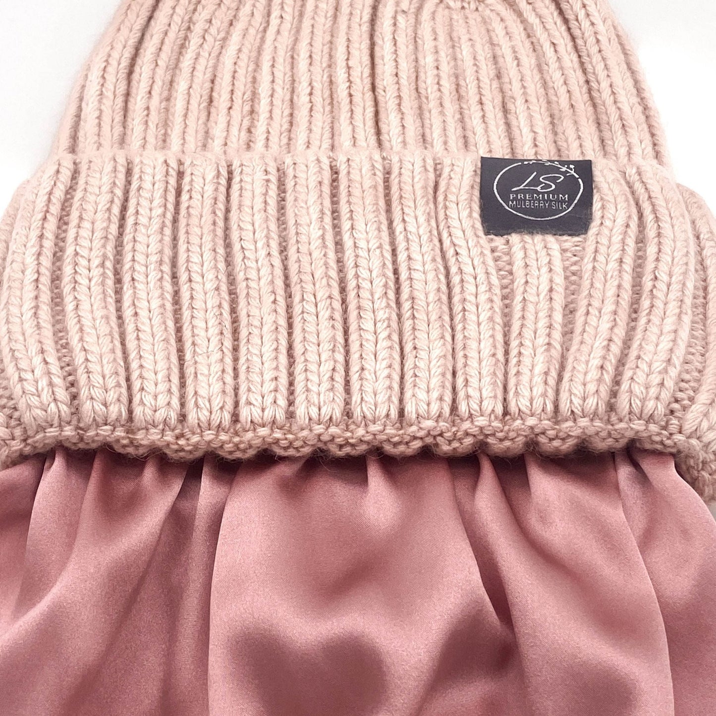 Mulberry Silk-Lined Classic Ribbed Beanie Hat – Cashmere Blend with Removable Pom Pom - Grey