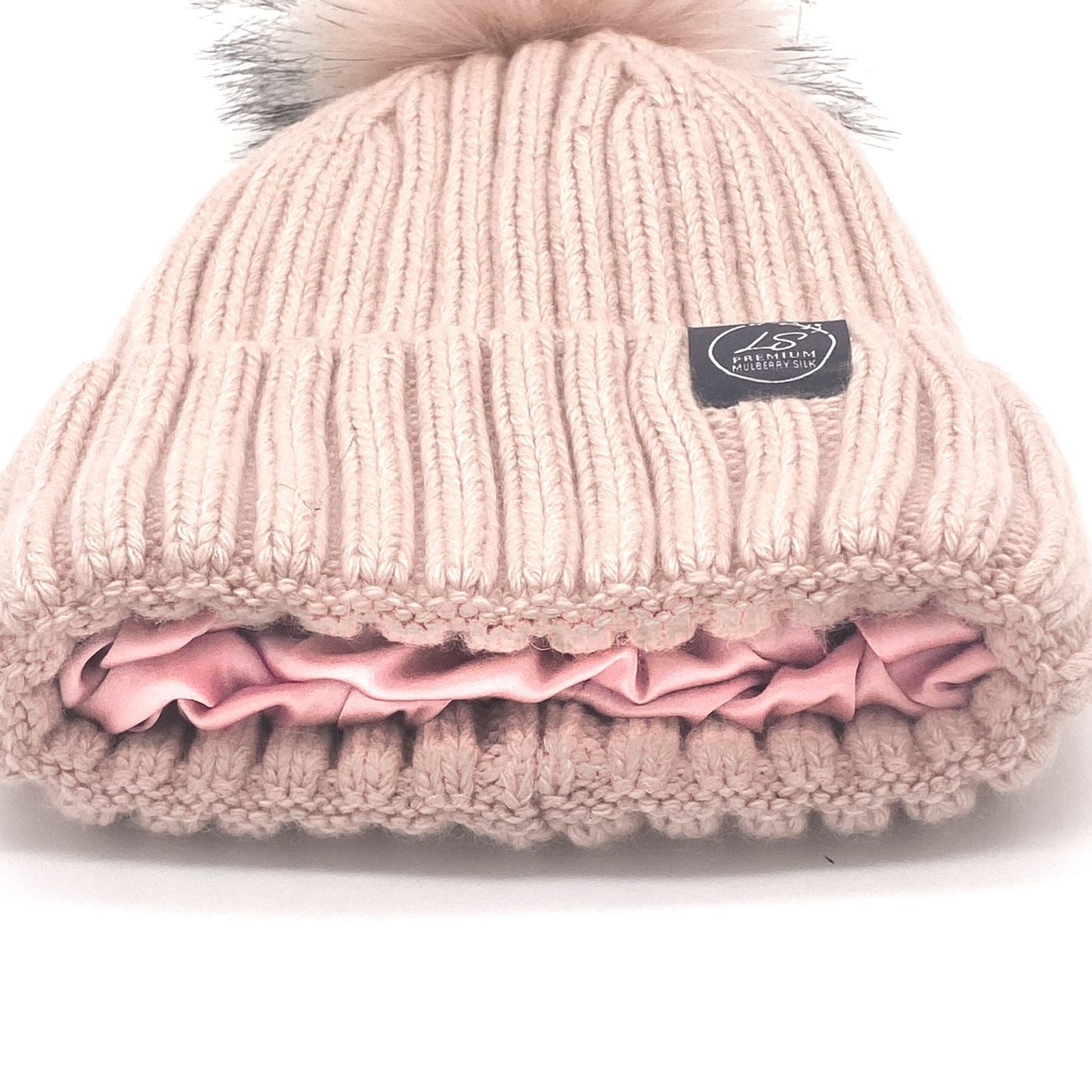 Mulberry Silk-Lined Classic Ribbed Pattern Cashmere Beanie Hat With Removable Pom Pom - Pink
