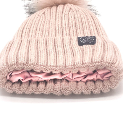 Mulberry Silk-Lined Classic Ribbed Beanie Hat – Cashmere Blend with Removable Pom Pom - Grey