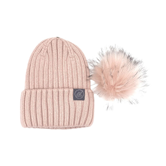 Mulberry Silk-Lined Classic Ribbed Pattern Cashmere Beanie Hat With Removable Pom Pom - Pink