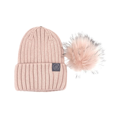 Mulberry Silk-Lined Classic Ribbed Beanie Hat – Cashmere Blend with Removable Pom Pom - Grey