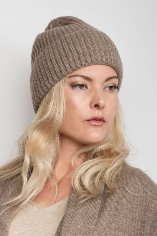 Cashmere Unisex Striped Beanie - Chestnut
