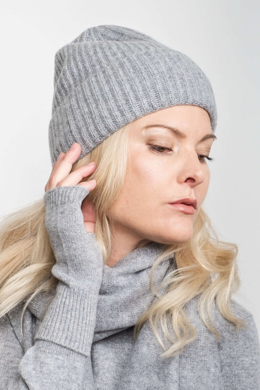 Cashmere Unisex Striped Beanie - Grey