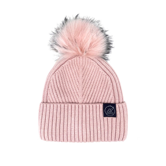 Mulberry Silk-Lined Slim Ribbed Beanie – Cashmere Blend with Removable Pom Pom -Pink
