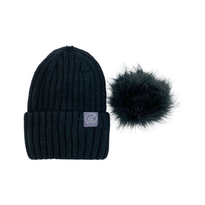 Mulberry Silk-Lined Classic Ribbed Beanie Hat – Cashmere Blend with Removable Pom Pom - Grey