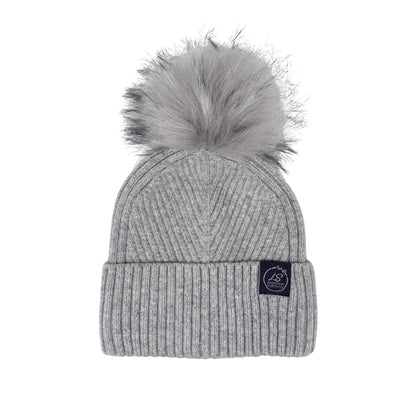 Mulberry Silk-Lined Slim Ribbed Beanie – Cashmere Blend with Removable Pom Pom -Grey