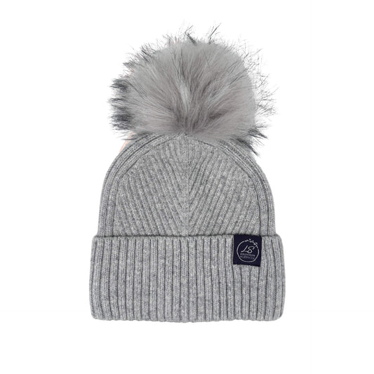 Mulberry Silk-Lined Slim Ribbed Beanie – Cashmere Blend with Removable Pom Pom -Grey