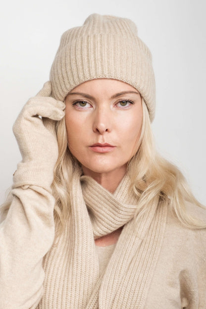 Cashmere Unisex Striped Beanie - Beige