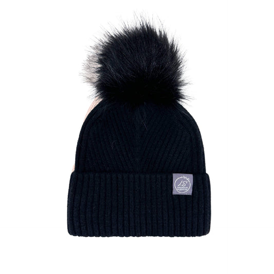 Mulberry Silk-Lined Slim Ribbed Beanie – Cashmere Blend with Removable Pom Pom -Black