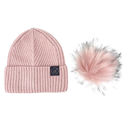 Mulberry Silk-Lined Slim Ribbed Beanie – Cashmere Blend with Removable Pom Pom -Pink