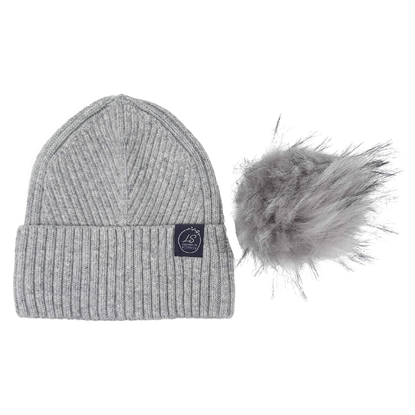 Mulberry Silk-Lined Slim Ribbed Beanie – Cashmere Blend with Removable Pom Pom -Grey