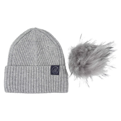 Mulberry Silk-Lined Slim Ribbed Beanie – Cashmere Blend with Removable Pom Pom -Grey