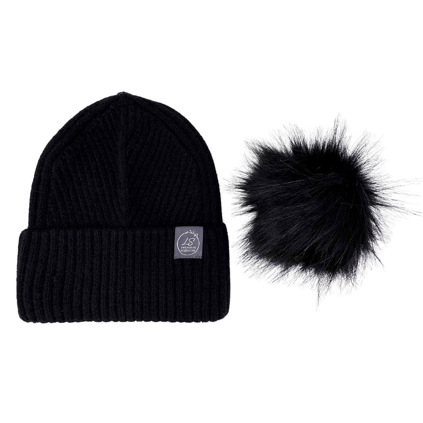 Mulberry Silk-Lined Slim Ribbed Beanie – Cashmere Blend with Removable Pom Pom -Black