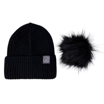 Mulberry Silk-Lined Slim Ribbed Beanie – Cashmere Blend with Removable Pom Pom -Black