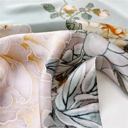 Celadon Peony long mulberry silk scarf, view 4 – LS Silk