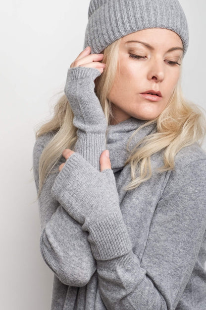 Cashmere Fingerless Gloves Mittens - Grey
