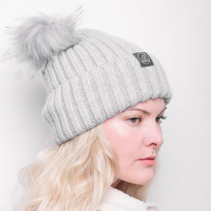 Mulberry Silk-Lined Classic Ribbed Pattern Cashmere Beanie Hat With Removable Pom Pom - Pink