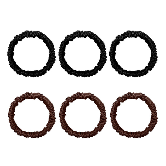 6 Pack Premium Mini Mulberry Silk Scrunchies - Black & Chocolate
