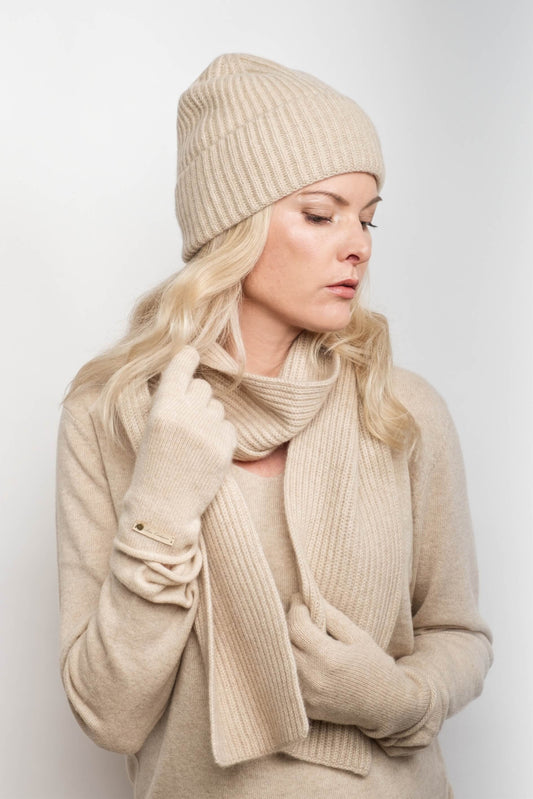 Slim Ribbed Cashmere Long Scarf - Beige